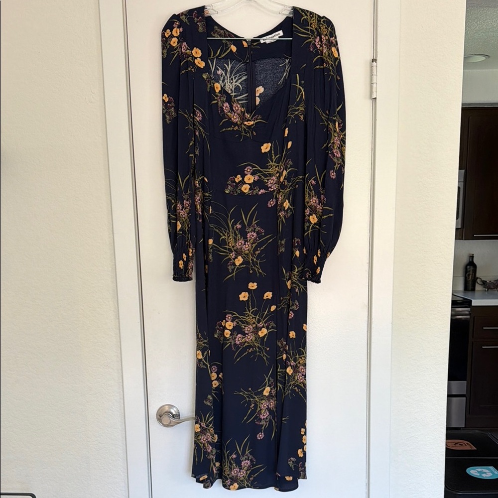 Reformation Floral Long Sleeve Midi Dress - Navy with Yellow & Pink Floral